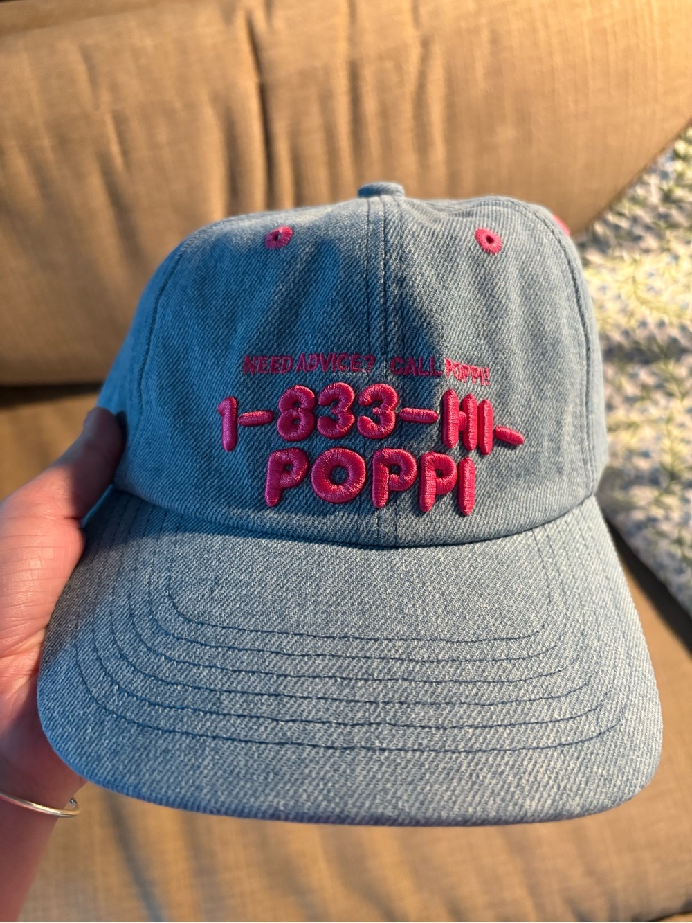 Light Blue Denim Cap with Pink Embroidery - POPPI Design